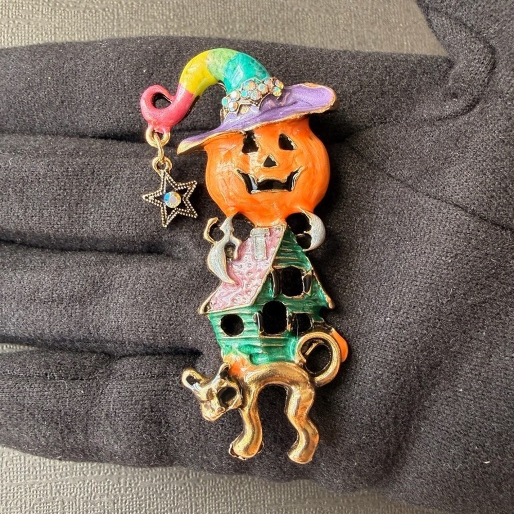 Halloween Pumpkin Witch Brooch Pin Goldtone Haunted House Enamel Cat Star Charm